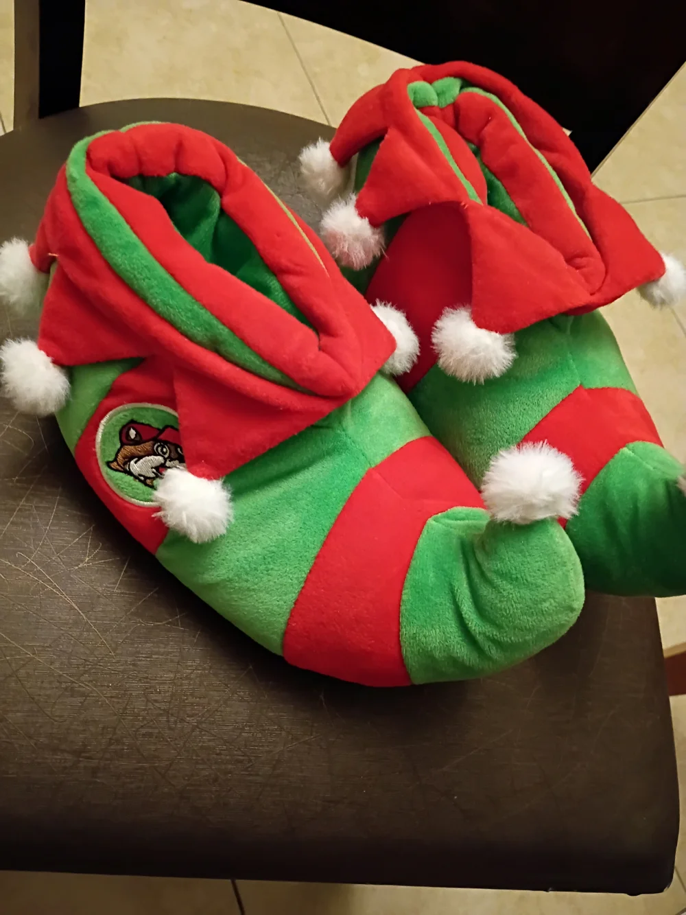 Kids Holiday Elf Slippers with Pom-Pom Accents - Green & Red